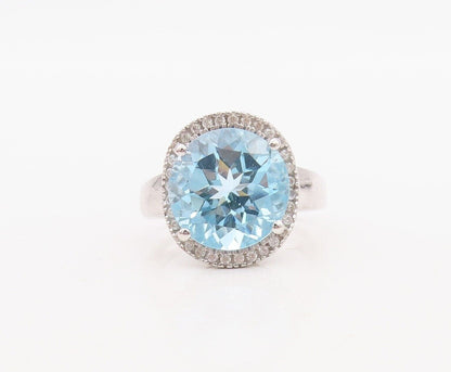 925 Sterling Silver Vintage Ring Round Cut Blue Halo White Topaz  Sz 7  RG30031