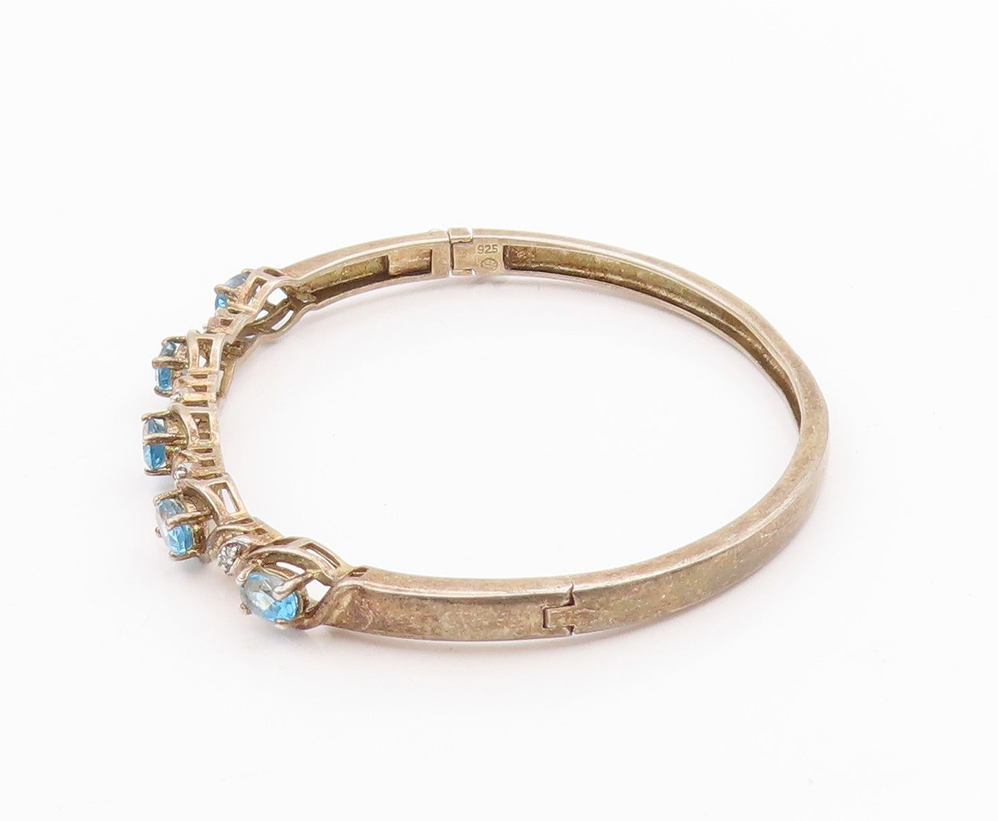 925 Sterling Silver Vintage Bracelet Swirly Diamonds & Oval Topaz Bangle BT11350