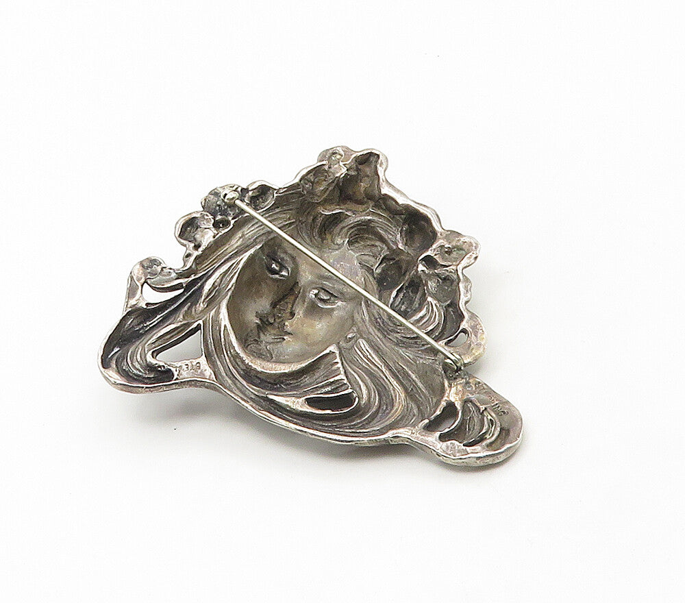 925 Sterling Silver  Vintage Dark Tone Woman's Face Floral Brooch Pin  BP6546