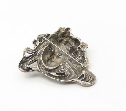 925 Sterling Silver  Vintage Dark Tone Woman's Face Floral Brooch Pin  BP6546