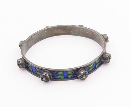 925 Sterling Silver Vintage Bracelet Antique Enameled CZ Flowers Bangle  BT11322