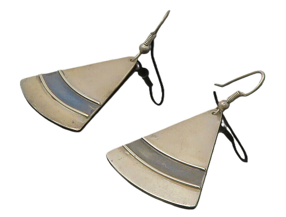 925 Sterling Silver  Vintage Dark Tone Triangle Smooth Dangle Earrings  EG6691