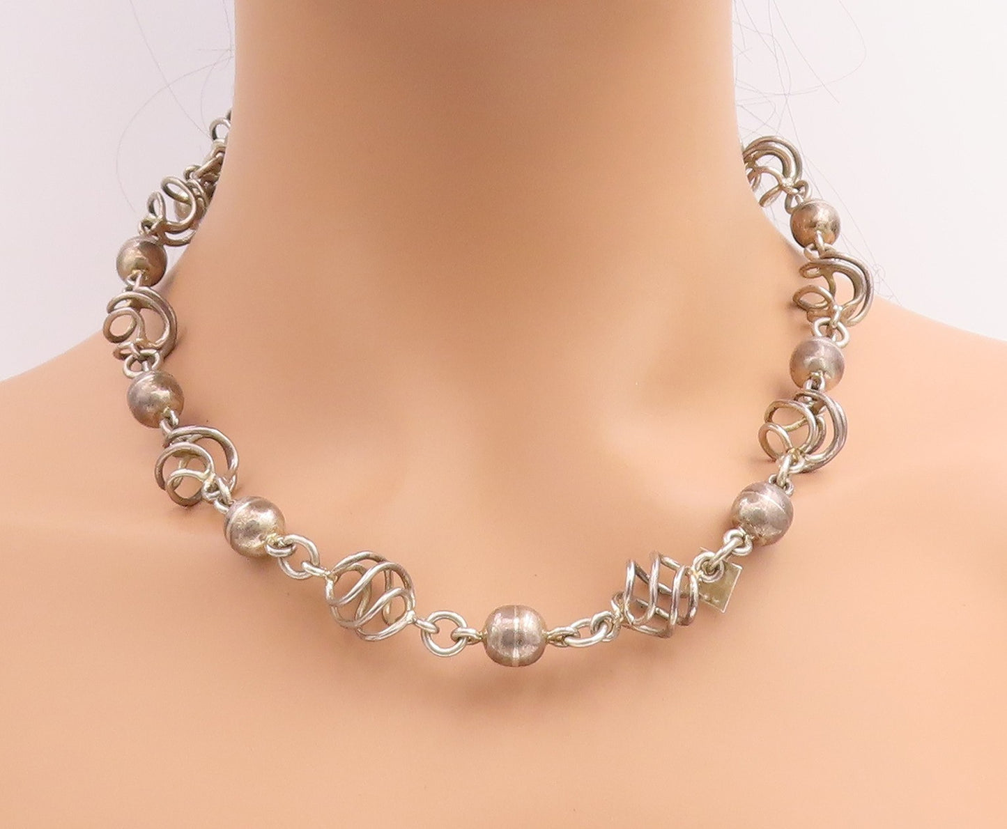 925 Sterling Silver Vintage Necklace MEXICO Spherical Spiral Cage Chain  NE4650