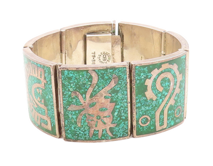 CFR MEXICO 925 Silver Vintage Inlaid Gemstone Traditional Chain Bracelet  BT3190