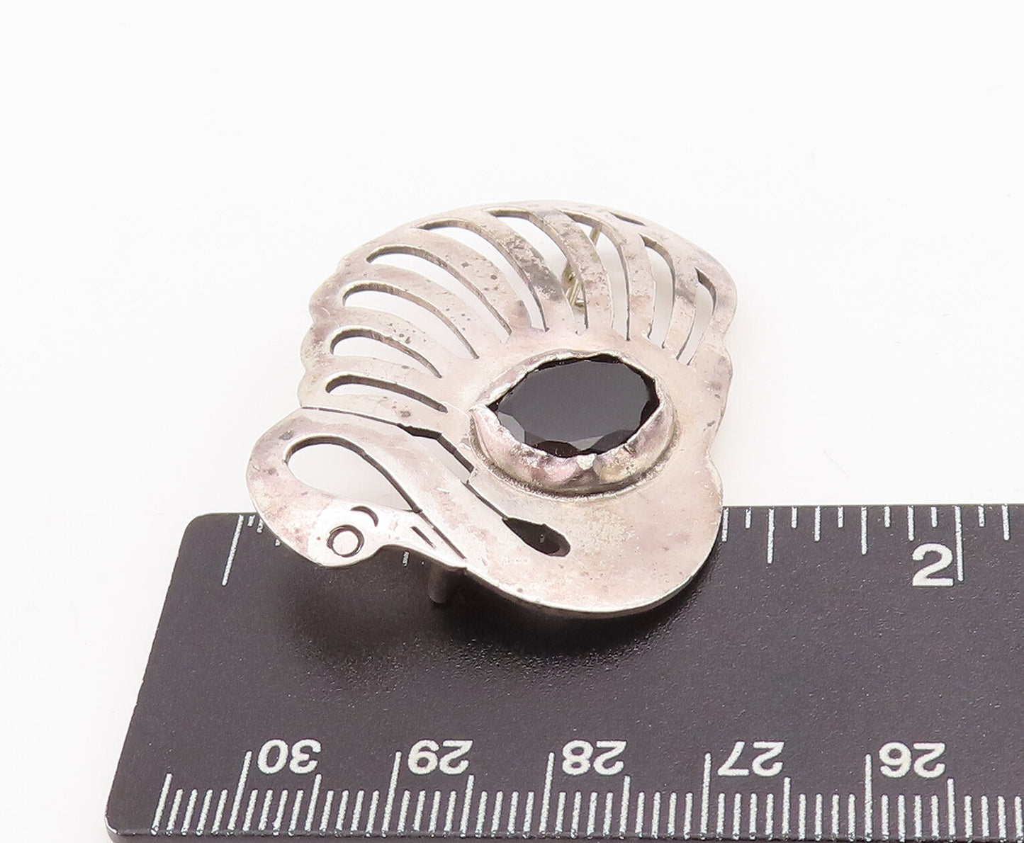 925 Sterling Silver Vintage Brooch Pin Solid Cutout Onyx Swan  BP11122