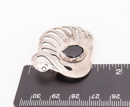 925 Sterling Silver Vintage Brooch Pin Solid Cutout Onyx Swan  BP11122