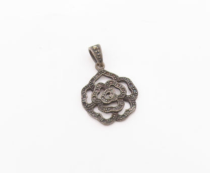 925 Sterling Silver  Vintage Oxidized Open Flower Motif Drop Pendant  PT8598