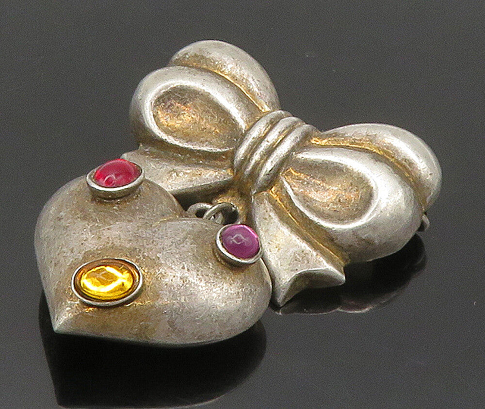 925 Silver  Vintage Amethyst & Topaz Heart Bow Tied Ribbon Brooch Pin  BP6265