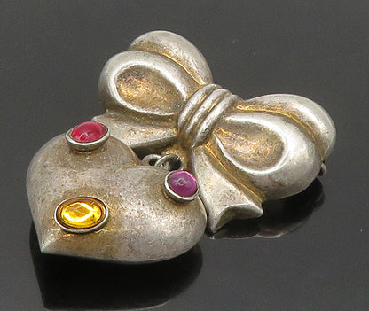 925 Silver  Vintage Amethyst & Topaz Heart Bow Tied Ribbon Brooch Pin  BP6265