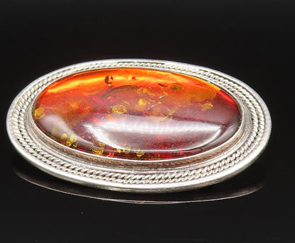 POLAND 925 Silver  Vintage Rope Twist Border Baltic Amber Brooch Pin  BP9557