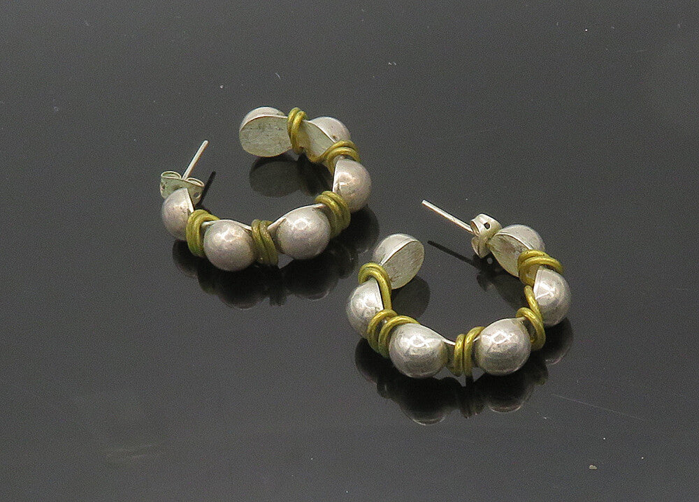 MEXICO 925 Sterling Silver  Vintage Two Tone Pattern JHoop Earrings  EG9827