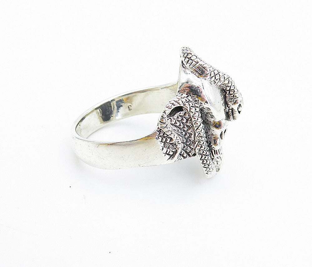 925 Sterling Silver  Vintage Snake & Skull Head Shiny Band Ring Sz 7  RG7488
