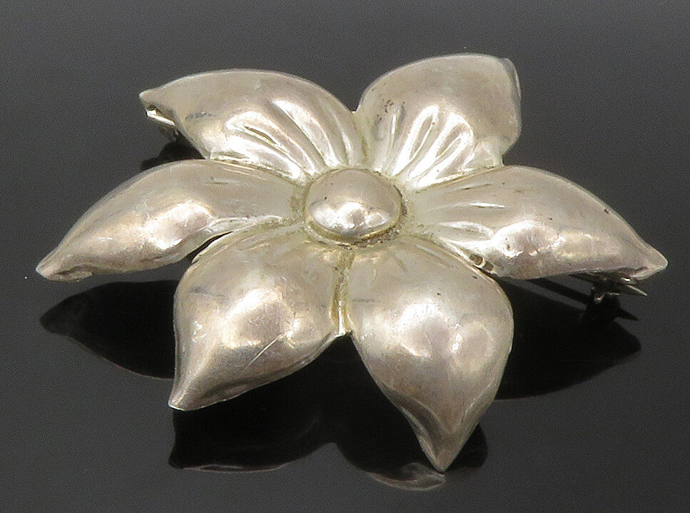 MEXICO 925 Sterling Silver  Vintage Shiny Flower Motif Brooch Pin  BP5588