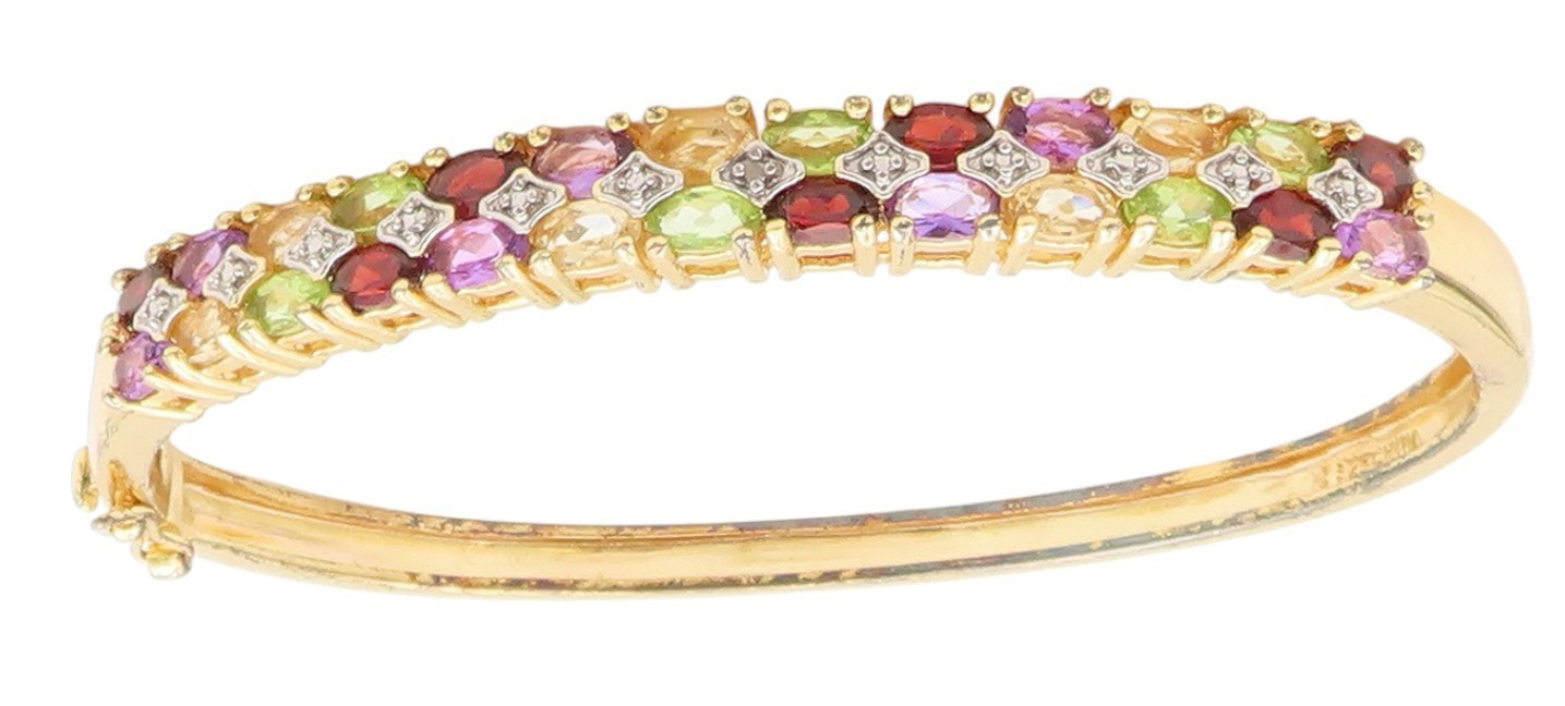 925 Sterling Silver Vintage Bracelet Gold Plated Multi Gemstone Bangle  BT11597
