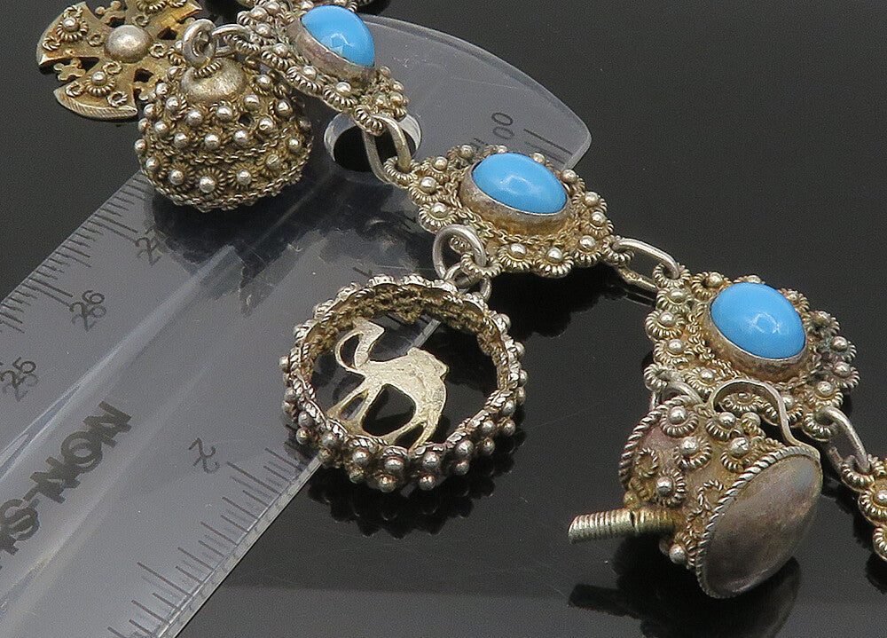 ISRAEL 925 Silver  Vintage Turquoise Floral Twist Cross Chain Bracelet  BT8650