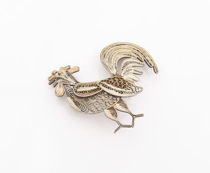 925 Sterling Silver Vintage Brooch Pin Intricate Filigree Rooster Bird  BP12370