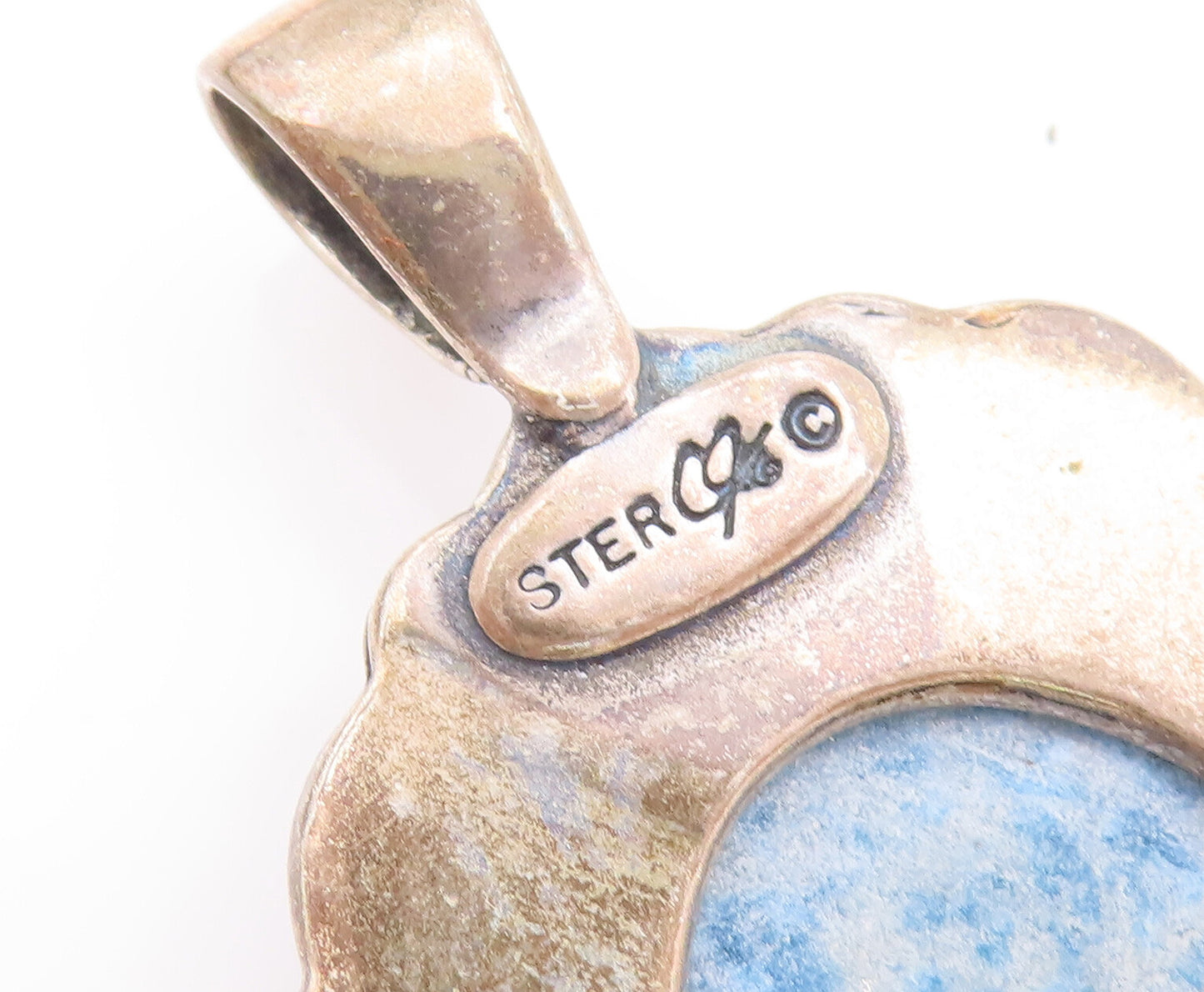 925 Sterling Silver Vintage Pendant CAROLYN POLLACK Oval Lapis Carved  PT22891