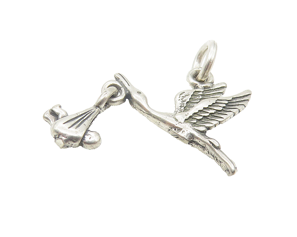 925 Sterling Silver  Vintage Petite Flying Stork With Baby Pendant  PT9372