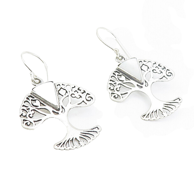 925 Sterling Silver  Inlaid Mother Of Pearl Tree Of Life Drop Earrings  EG3407
