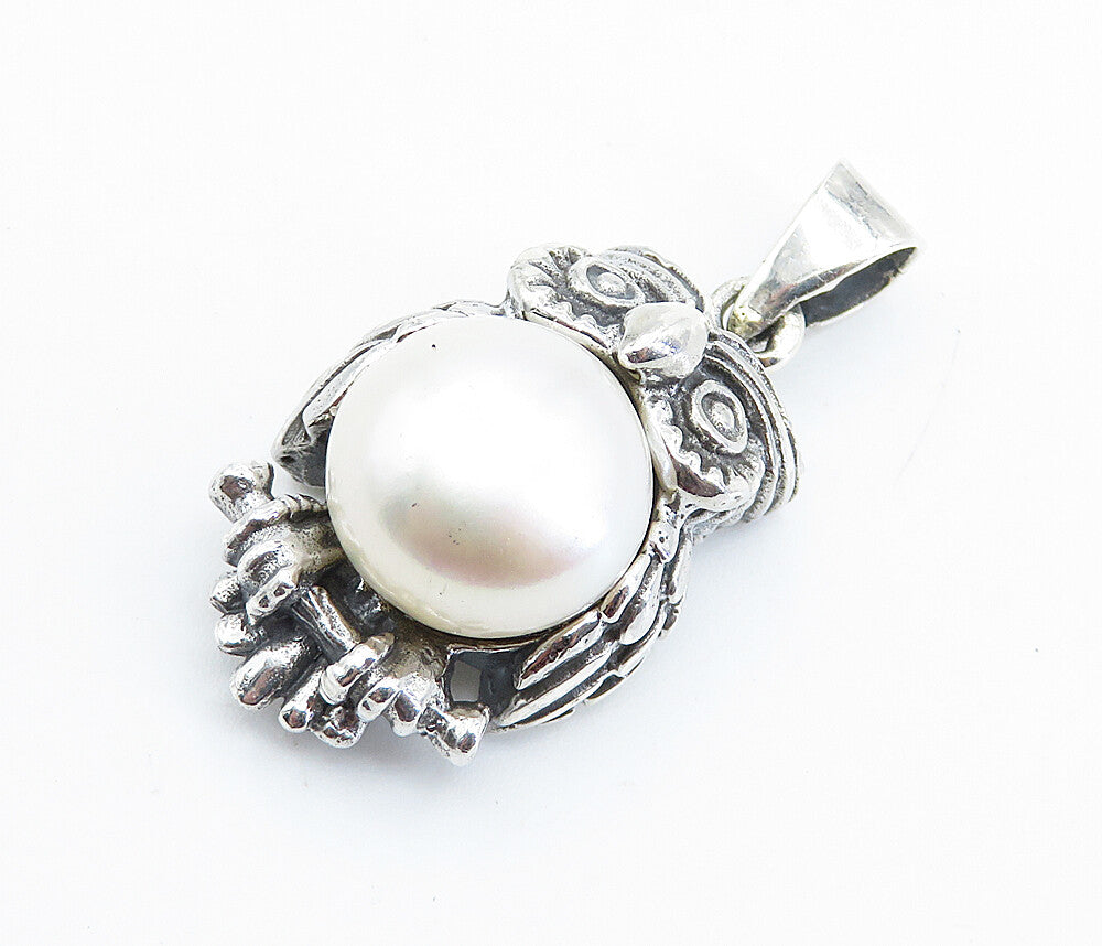 925 Sterling Silver  Vintage Freshwater Pearl Perched Owl Drop Pendant  PT6005