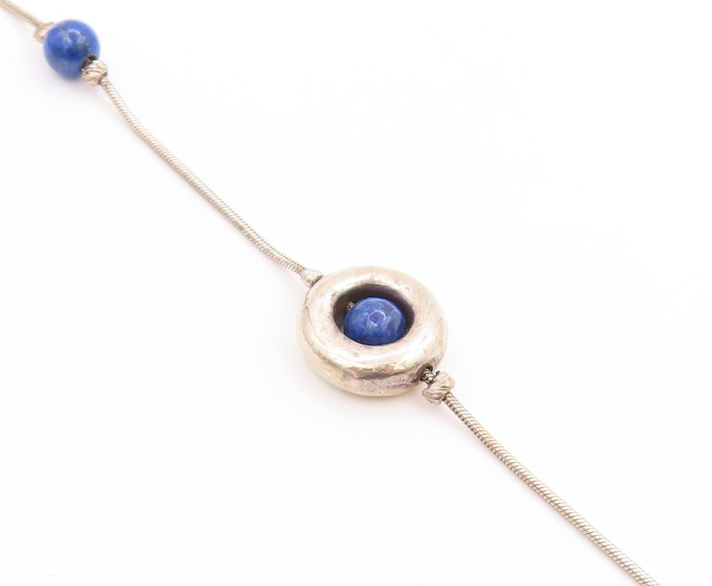 925 Sterling Silver Vintage Necklace Minimalist Chain With Blue Beads   NE4668