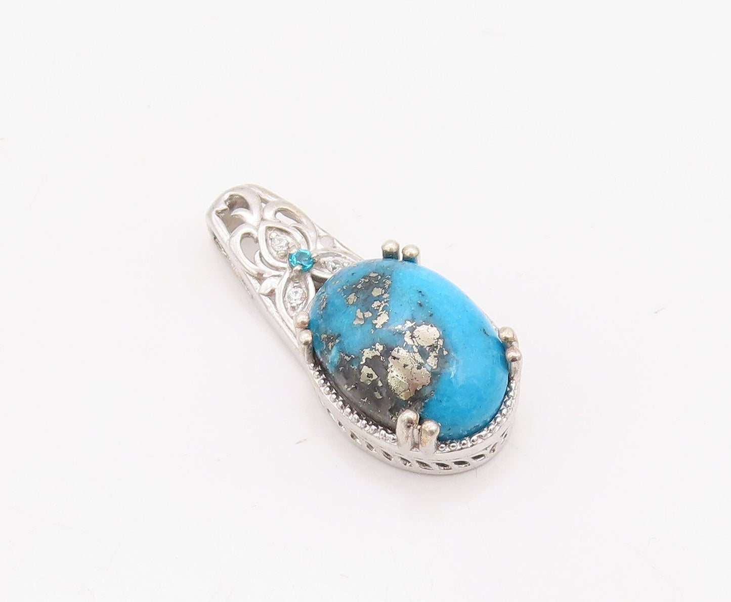 925 Sterling Silver Vintage Pendant Carved Diamonds & Oval Turquoise  PT23506
