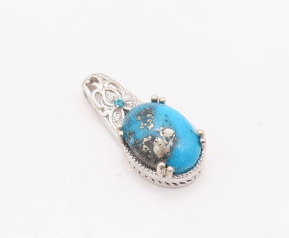 925 Sterling Silver Vintage Pendant Carved Diamonds & Oval Turquoise  PT23506