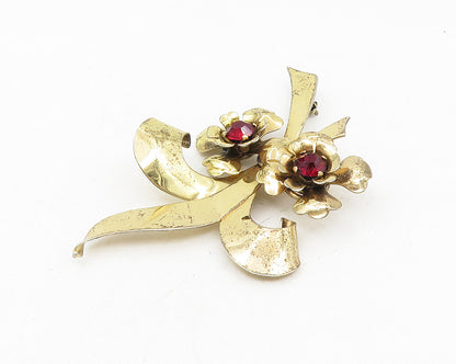 IH 925 Silver  Vintage Red Topaz Shiny Gold Plated Flowers Brooch Pin  BP4291
