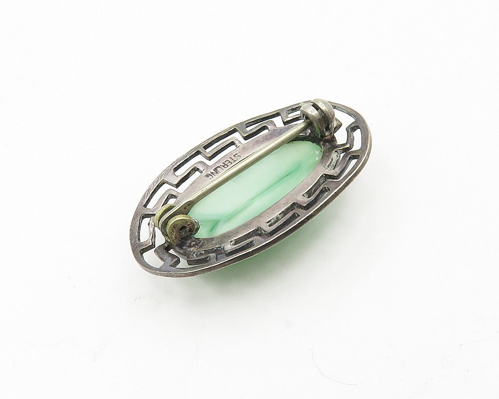 925 Sterling Silver  Vintage Cabochon Green Stone Oval Brooch Pin  BP7424