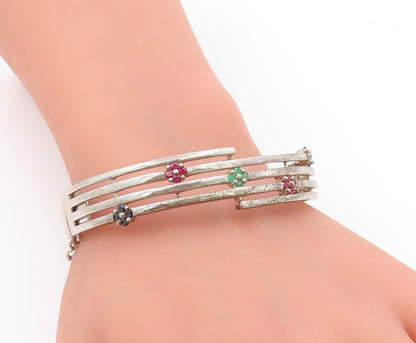 925 Sterling Silver Vintage Bracelet Sapphire Ruby Emerald Floral Bangle BT11799