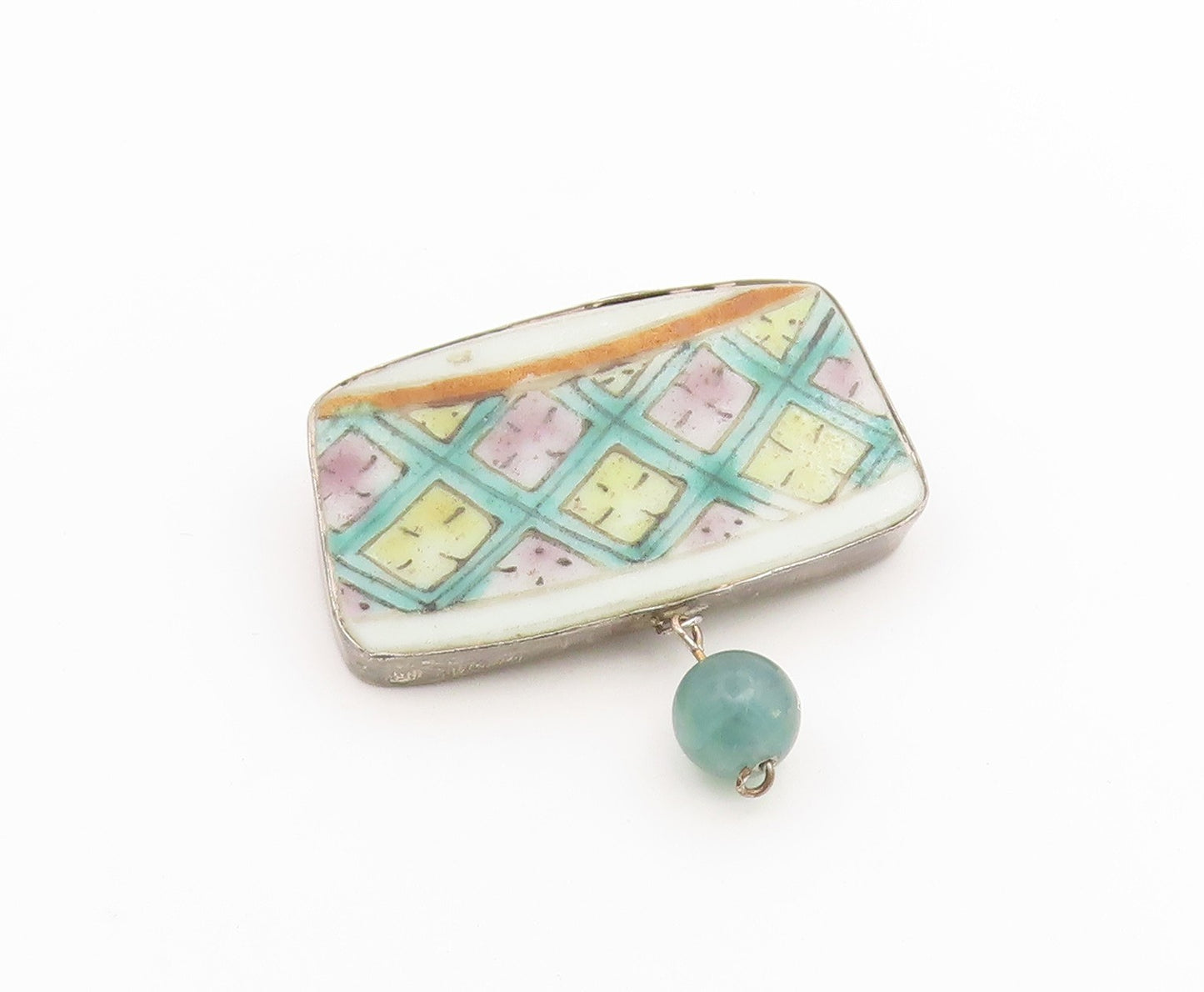 925 Sterling Silver Vintage Brooch Pin Antique Jade Porcelain Lattice  BP12651