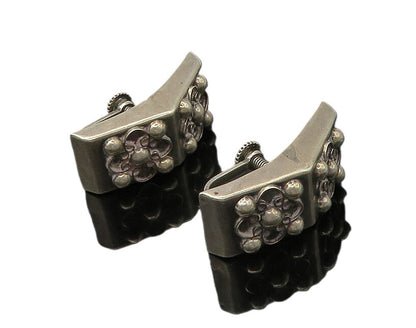MEXICO 925 Sterling Silver  Vintage Floral Motif Non Pierce Earrings  EG11007