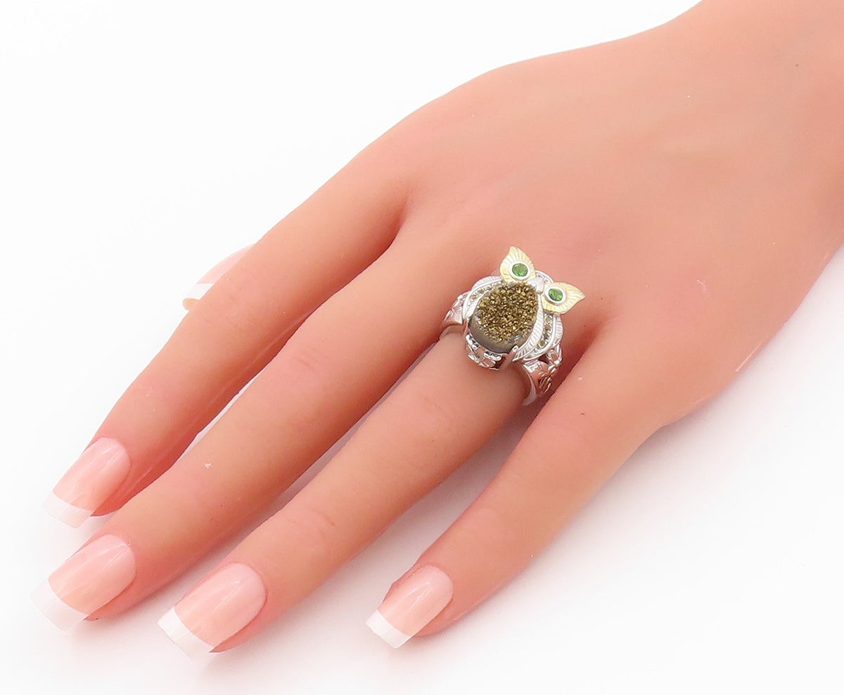 925 Sterling Silver Vintage Ring Drusy Quartz & CZ Eyed Owl  Sz 5.5  RG32621