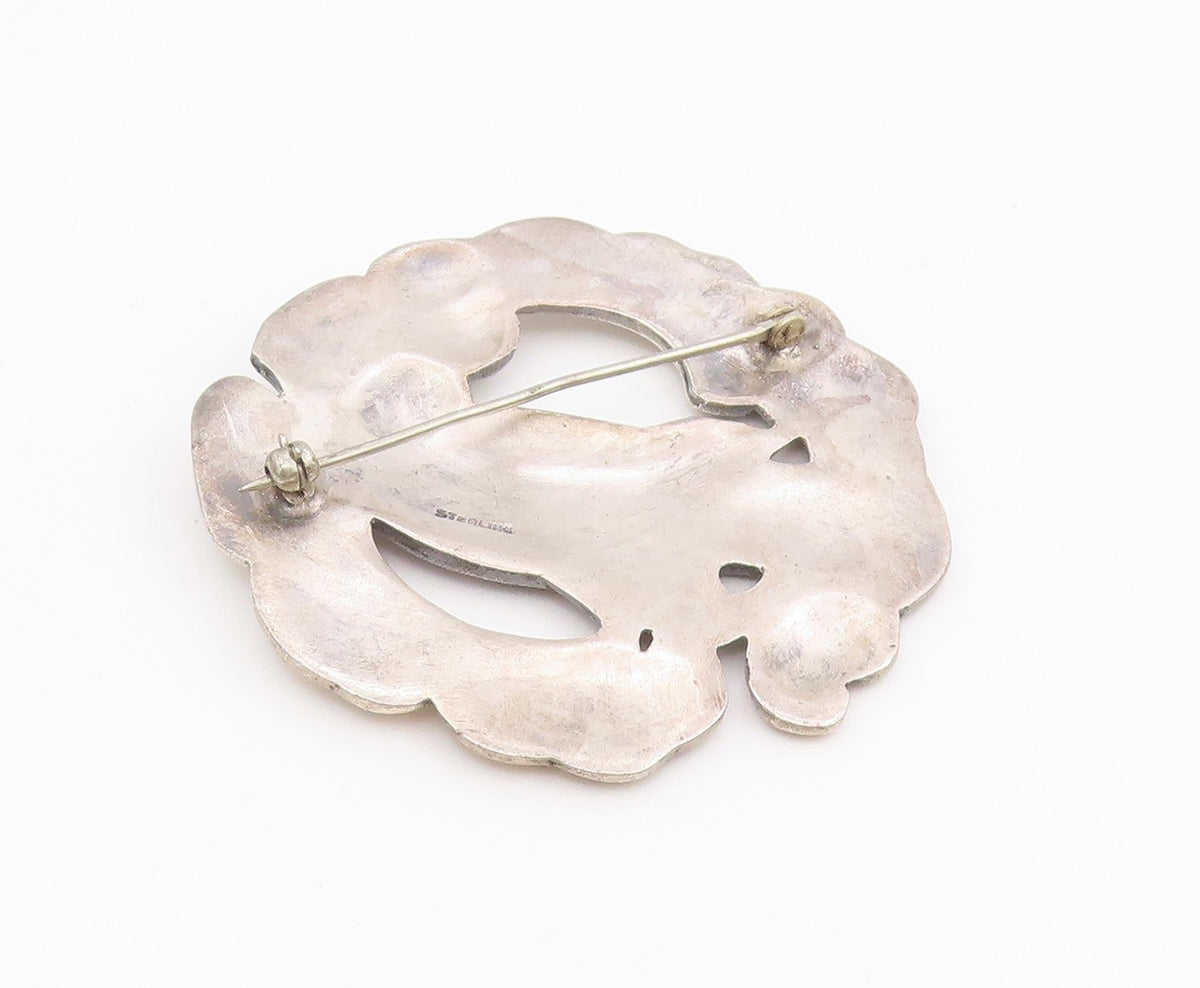 925 Sterling Silver Vintage Brooch Pin Etched Dove In Wreath Motif  BP12169
