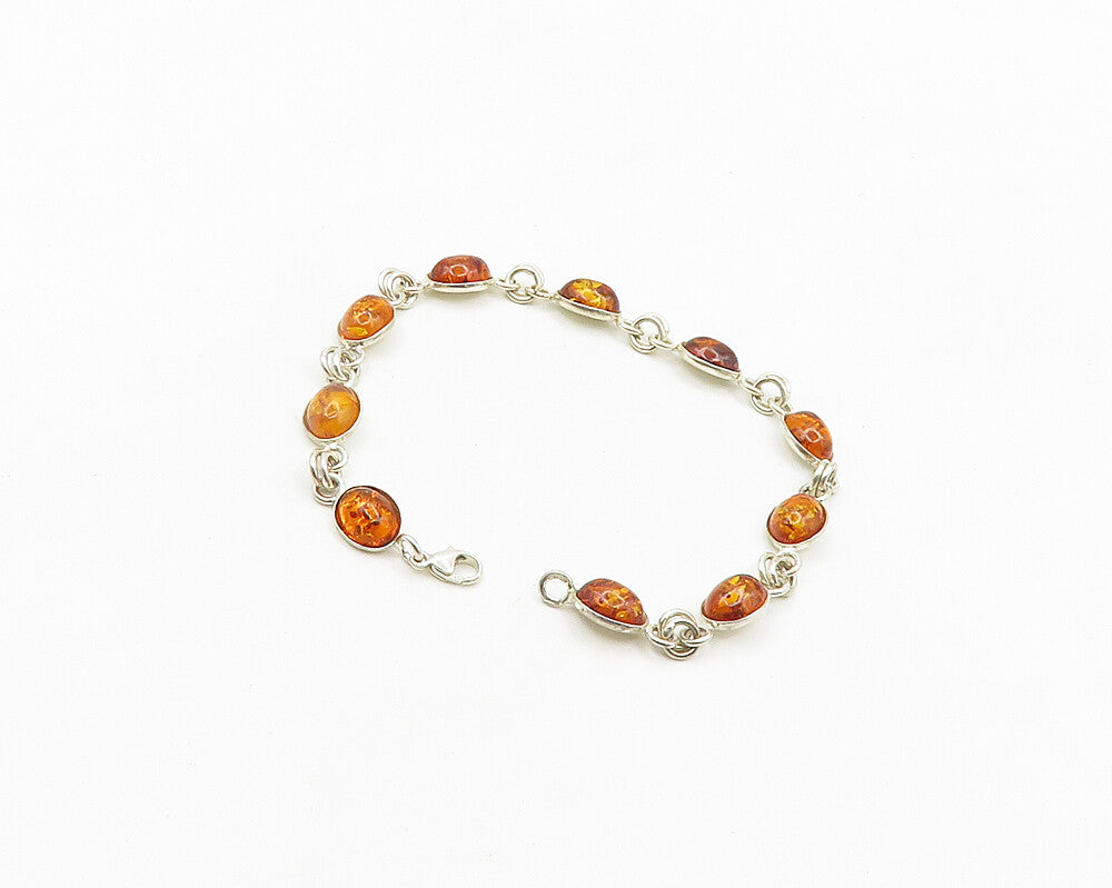 925 Sterling Silver  Vintage Cabochon Cut Amber Shiny Chain Bracelet  BT7690