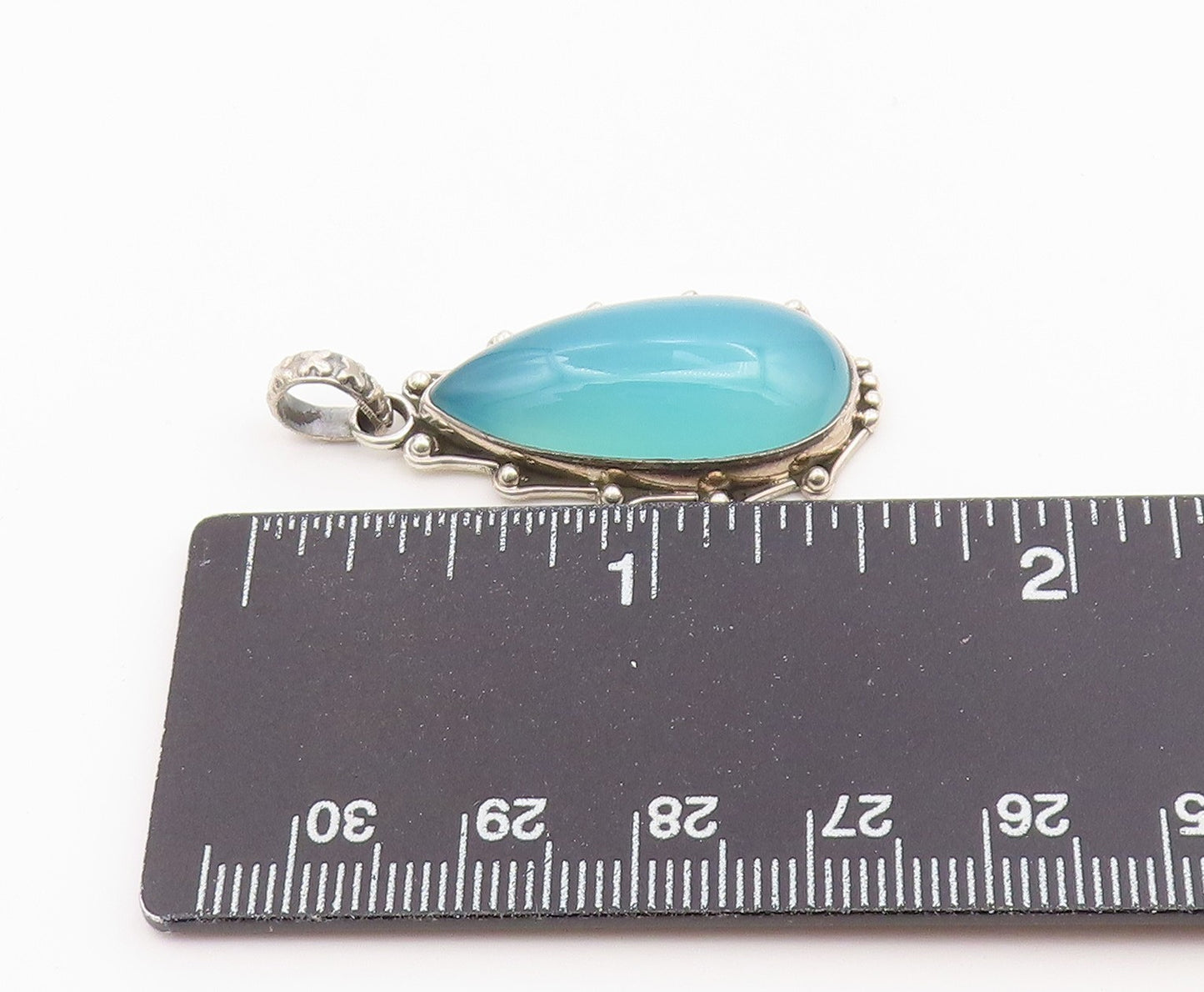 925 Sterling Silver Vintage Pendant Cabochon Chalcedony Teardrop Charm  PT26487