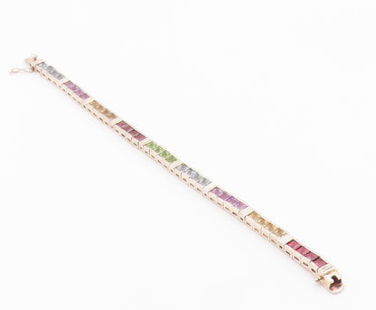 925 Sterling Silver Vintage Bracelet Square Cut Gemstone Tennis Link  BT12179