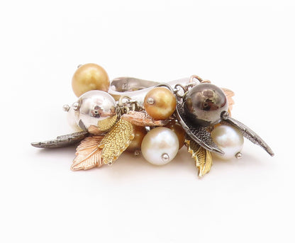 925 Sterling Silver Vintage Ring Modernist Floral Pearls & Beads  Sz 5  RG32437