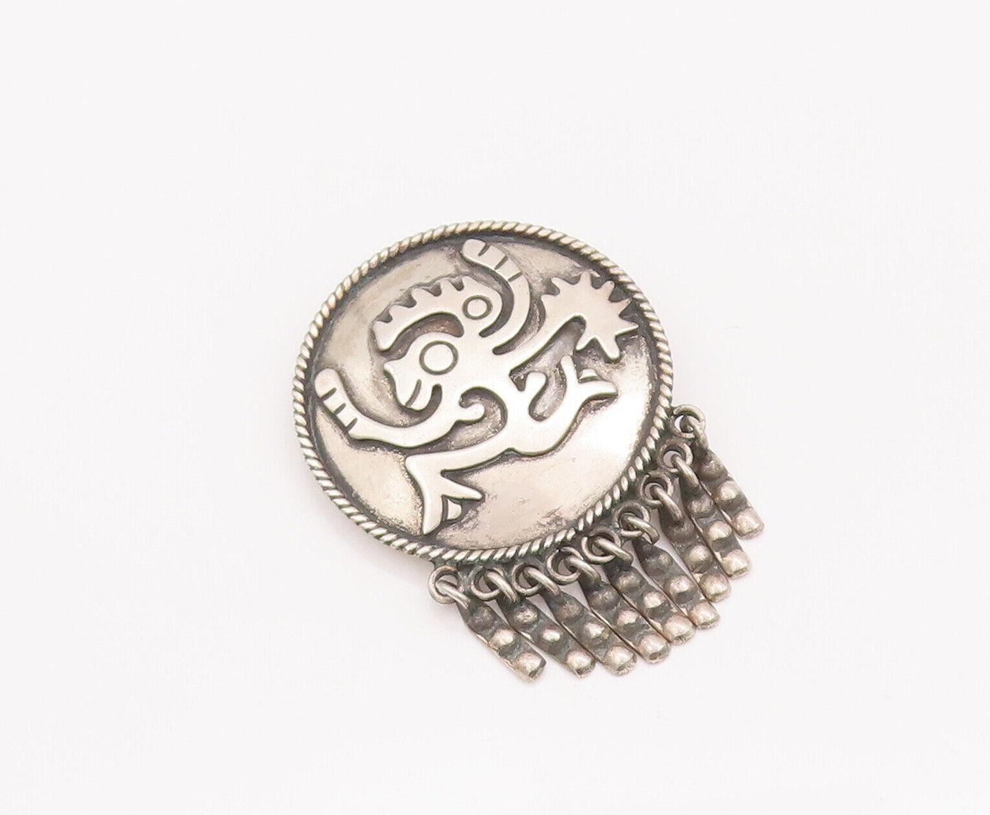 925 Sterling Silver Vintage Brooch Pin MEXICO Carved Man With Dangles  BP10795