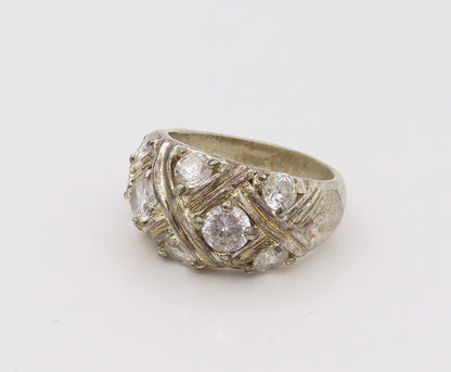 925 Silver  Vintage Roped Square Grid With CZ Broad Band Ring Sz 8.75  RG26635