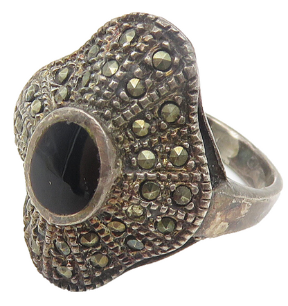 925 Sterling Silver  Vintage Victorian Black Onyx Cocktail Ring Sz 7  RG11205