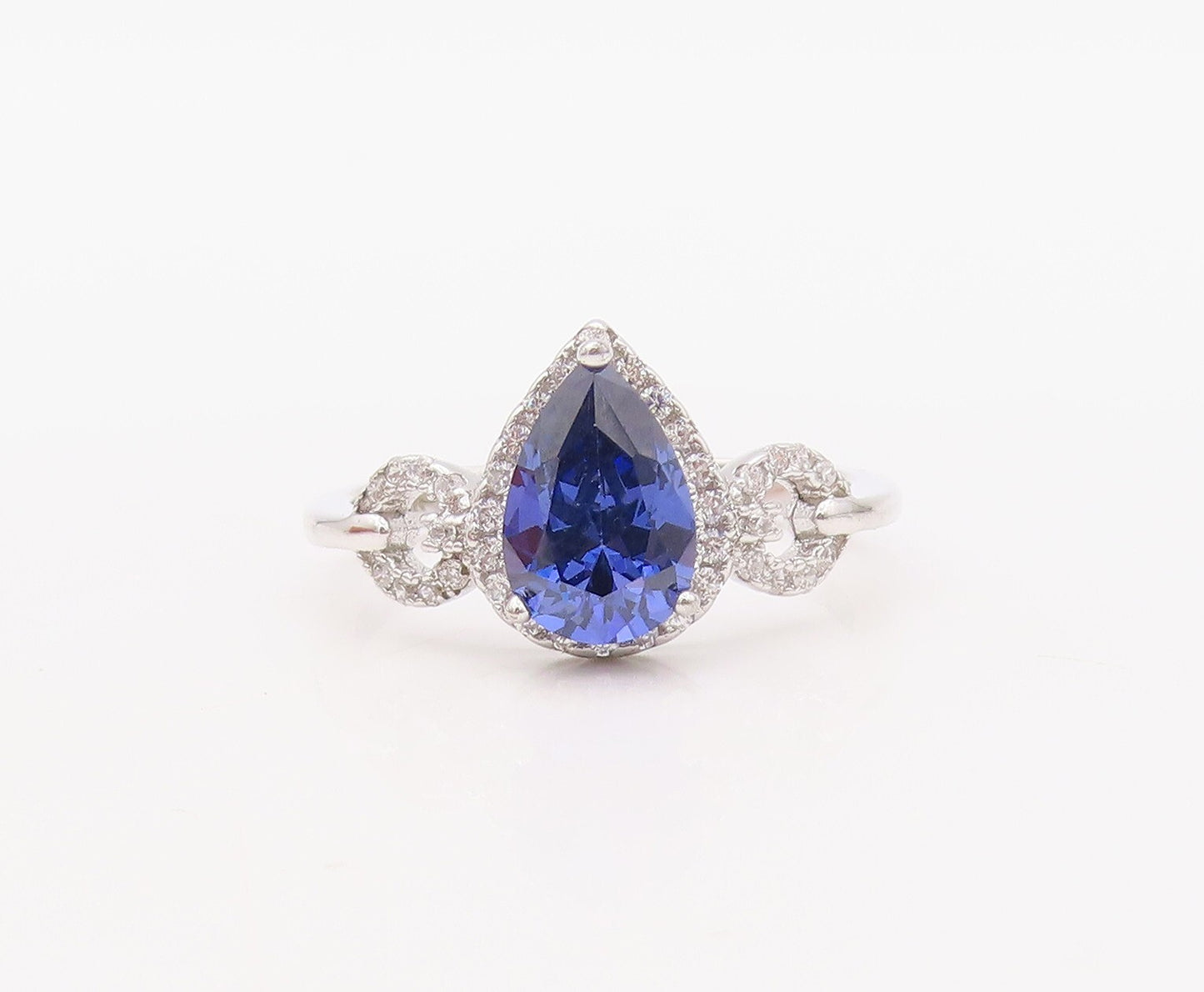 925 Sterling Silver Vintage Ring Designer Drop Cut Sapphire & CZ Sz 7  RG30655