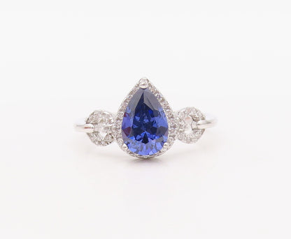925 Sterling Silver Vintage Ring Designer Drop Cut Sapphire & CZ Sz 7  RG30655