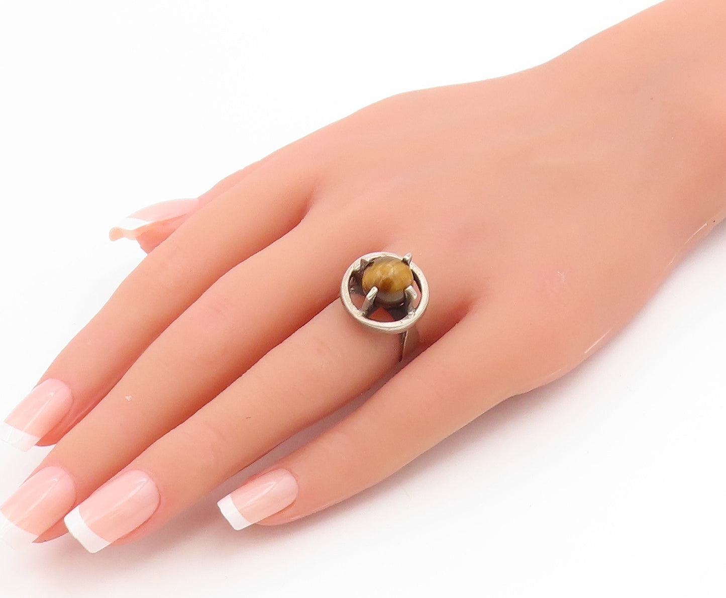 925 Sterling Silver Vintage Ring Round Tiger's Eye Modernist Band  Sz 6  RG34872