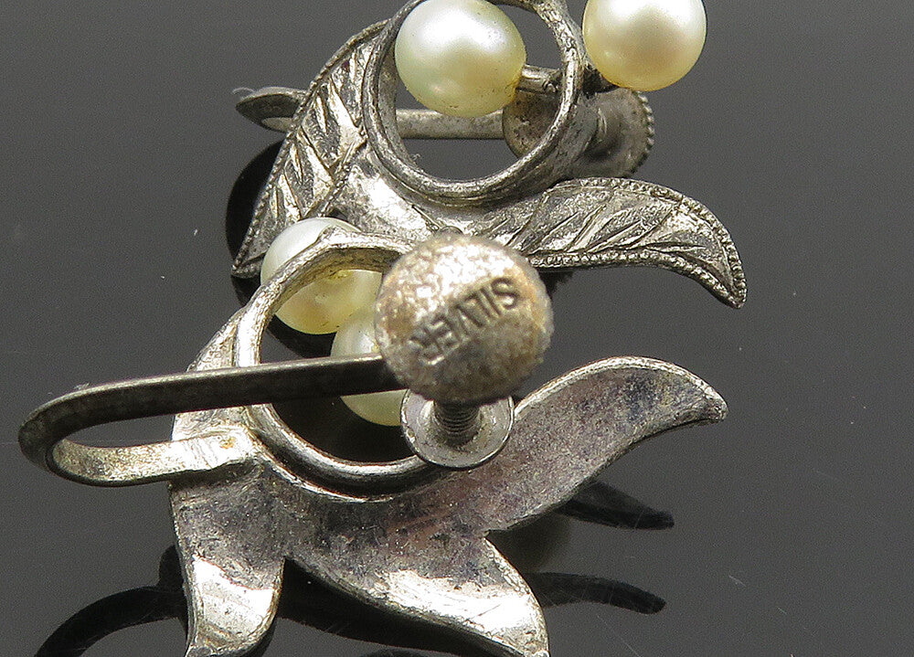 925 Silver  Vintage Antique Petite Pearls Floral Non Pierce Earrings  EG10389