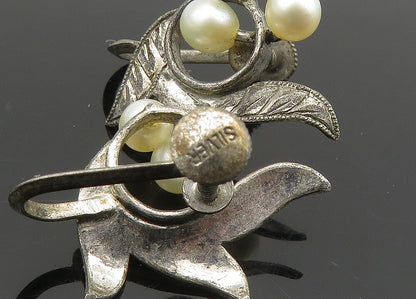 925 Silver  Vintage Antique Petite Pearls Floral Non Pierce Earrings  EG10389