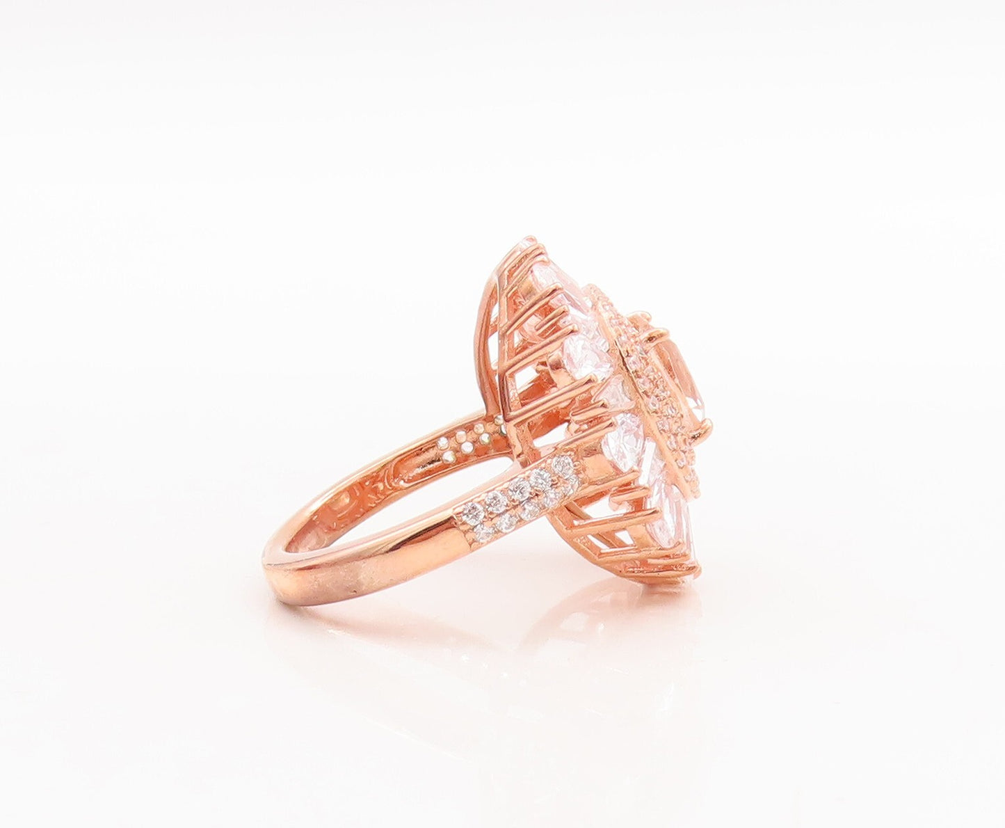 925 Sterling Silver Vintage Ring Rose Gold Plated Morganite & CZ  Sz 7.5 RG29732