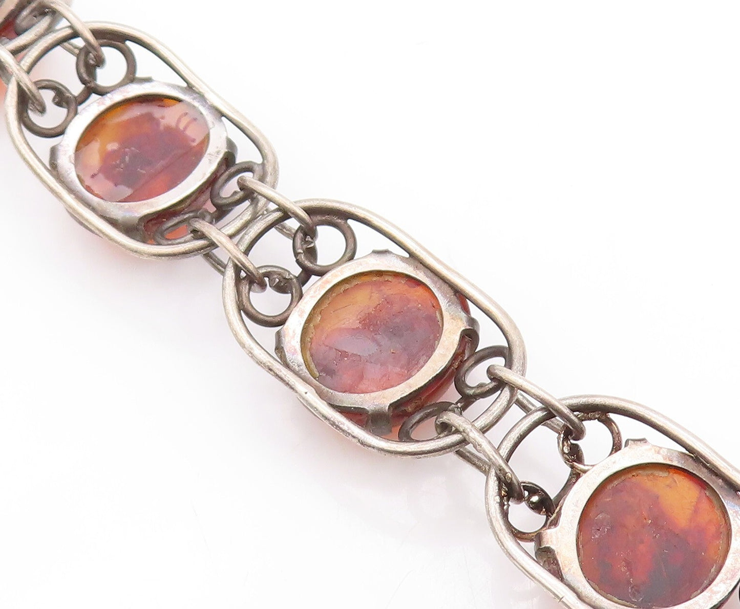 925 Sterling Silver Vintage Bracelet POLAND Brutalist Design Large Amber BT10815