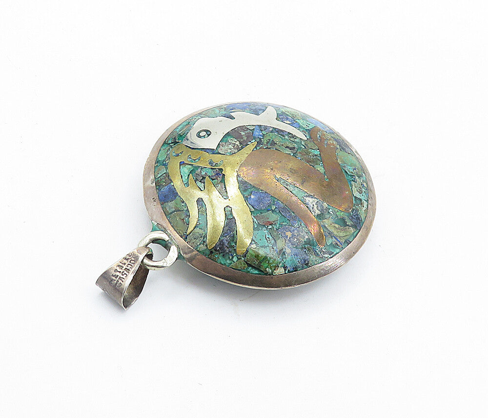MEXICO 925 Sterling Silver  Vintage Jasper Three Tone Pattern Pendant  PT4890