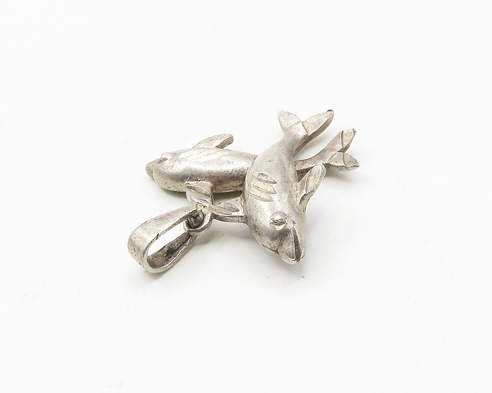 925 Sterling Silver  Vintage Diamond Cut Detail Dolphins Pendant  PT14790
